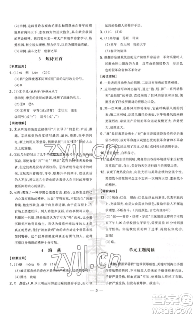 安徽教育出版社2023點(diǎn)撥訓(xùn)練九年級(jí)語文下冊(cè)人教版安徽專版參考答案