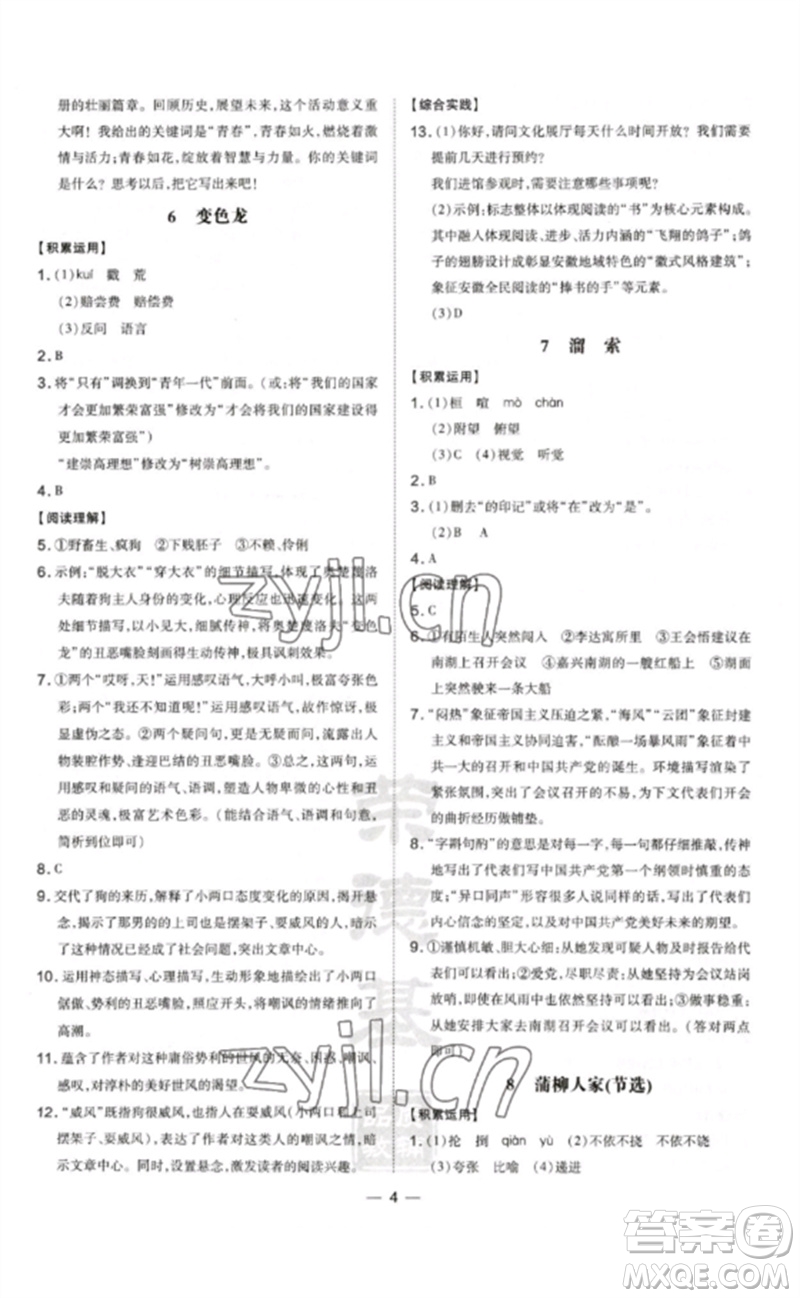 安徽教育出版社2023點(diǎn)撥訓(xùn)練九年級(jí)語文下冊(cè)人教版安徽專版參考答案