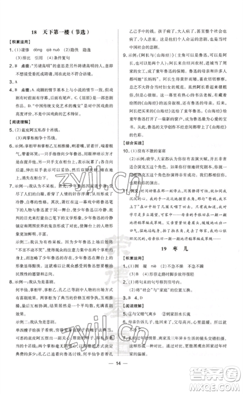 安徽教育出版社2023點(diǎn)撥訓(xùn)練九年級(jí)語文下冊(cè)人教版安徽專版參考答案