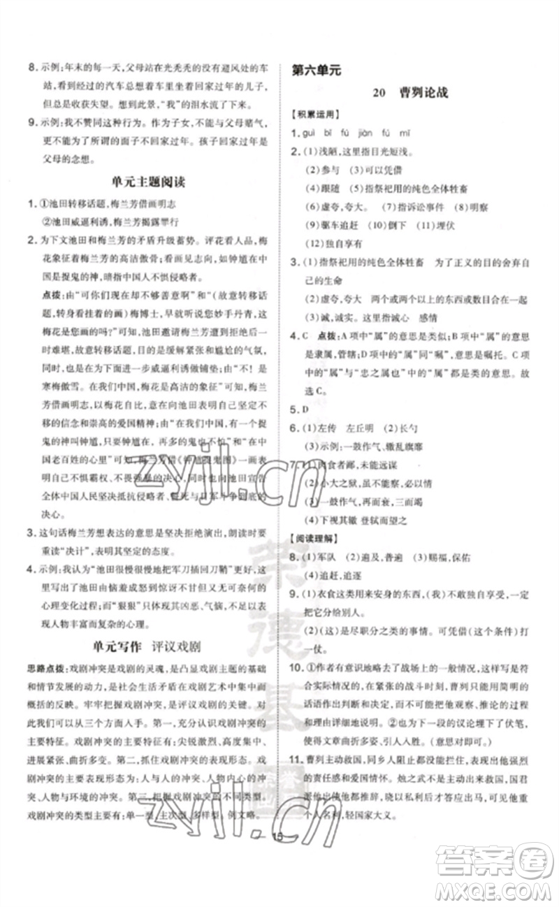 安徽教育出版社2023點(diǎn)撥訓(xùn)練九年級(jí)語文下冊(cè)人教版安徽專版參考答案