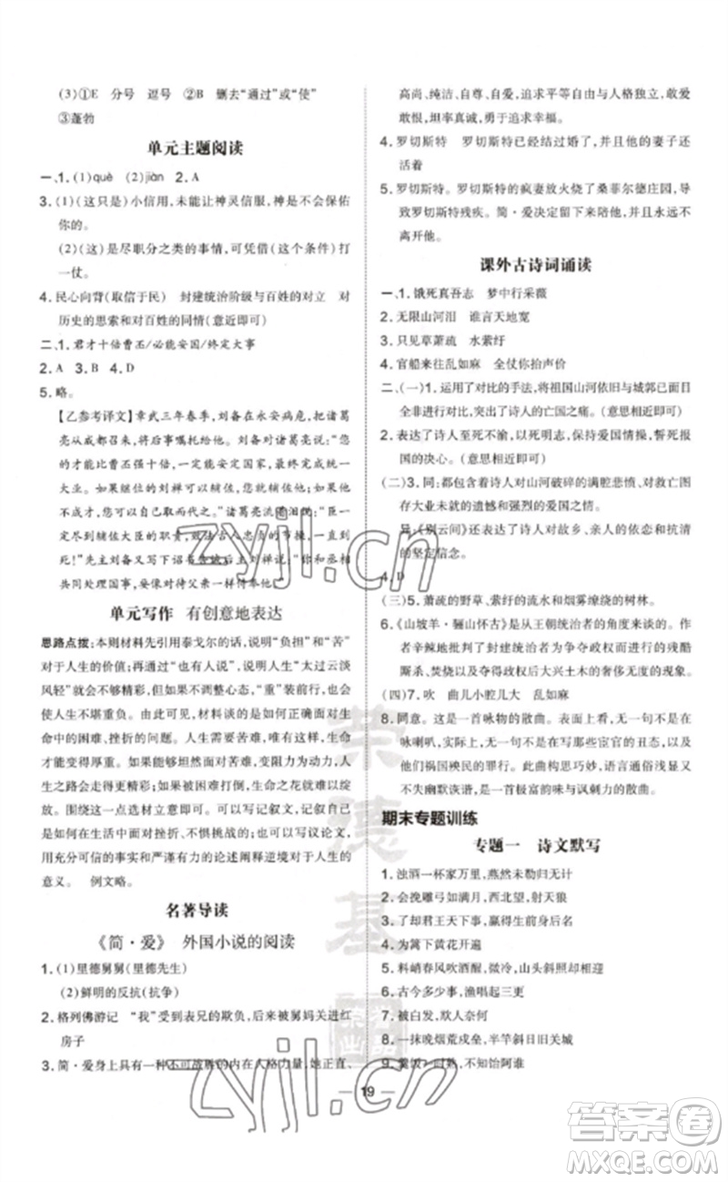 安徽教育出版社2023點(diǎn)撥訓(xùn)練九年級(jí)語文下冊(cè)人教版安徽專版參考答案