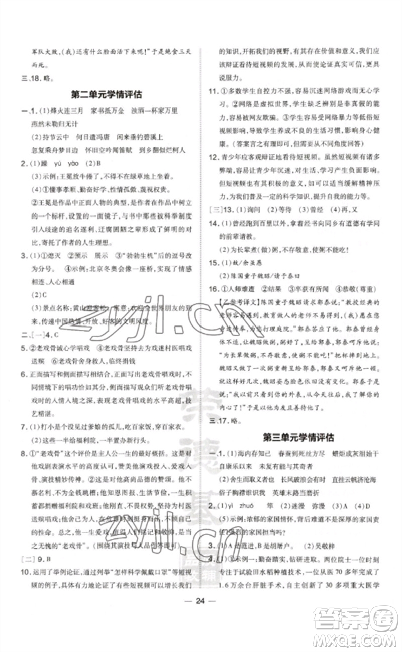 安徽教育出版社2023點(diǎn)撥訓(xùn)練九年級(jí)語文下冊(cè)人教版安徽專版參考答案