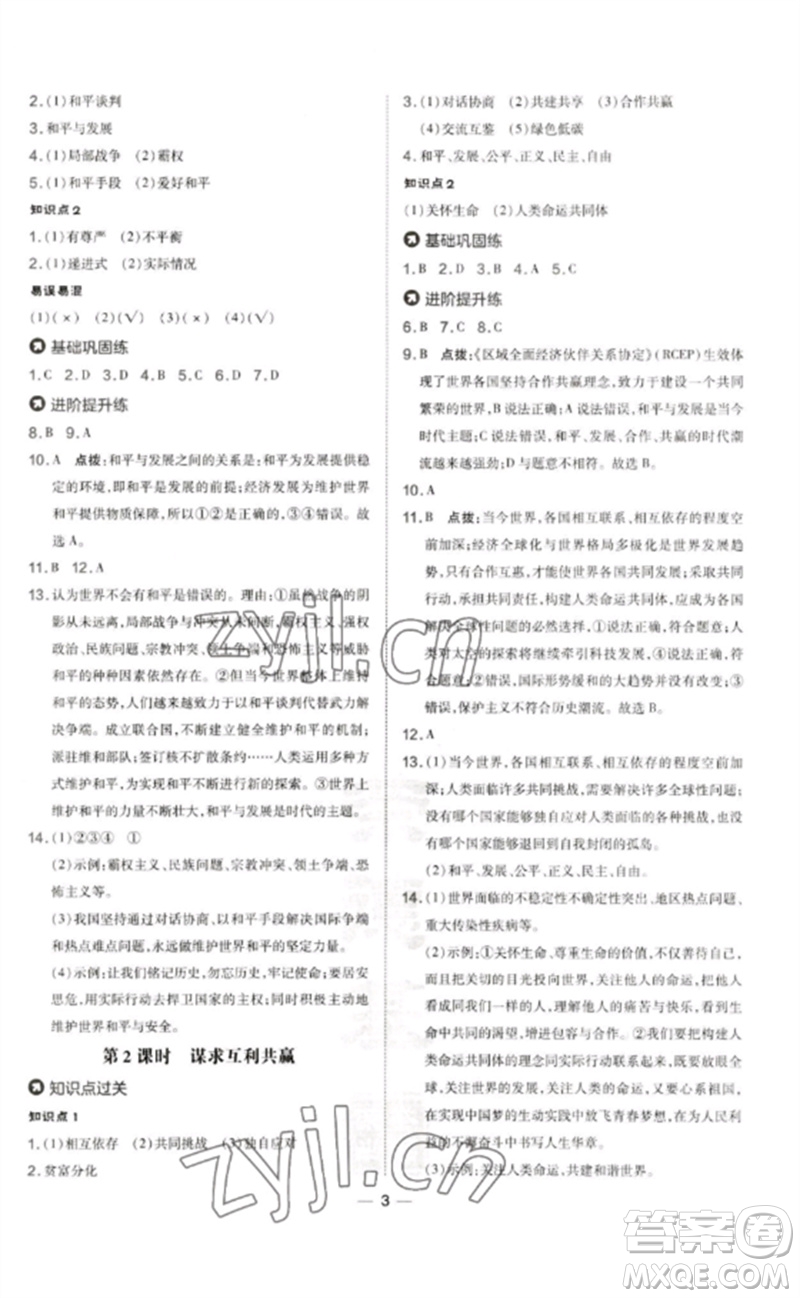 吉林教育出版社2023點撥訓(xùn)練九年級道德與法治下冊人教版參考答案