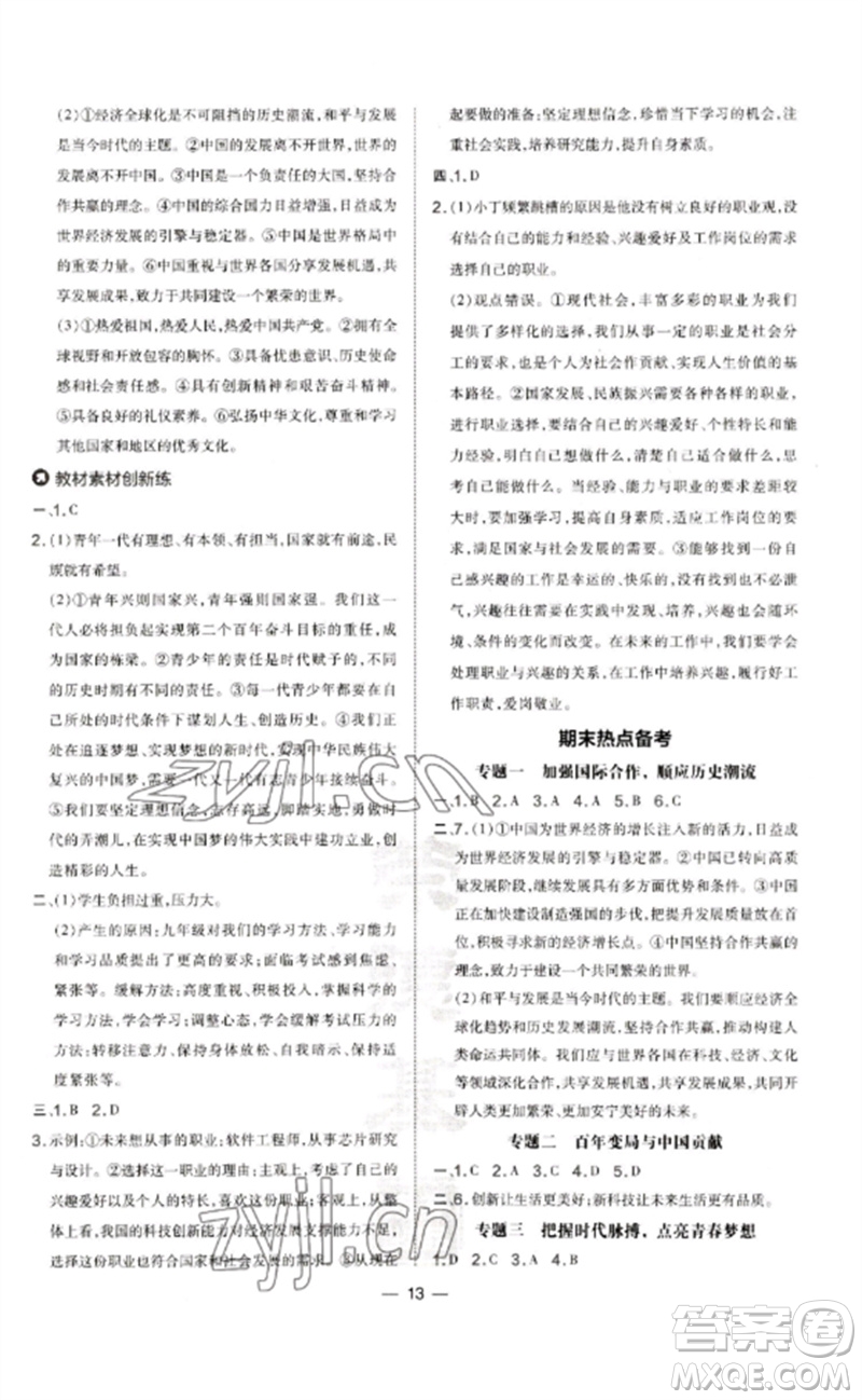 吉林教育出版社2023點撥訓(xùn)練九年級道德與法治下冊人教版參考答案