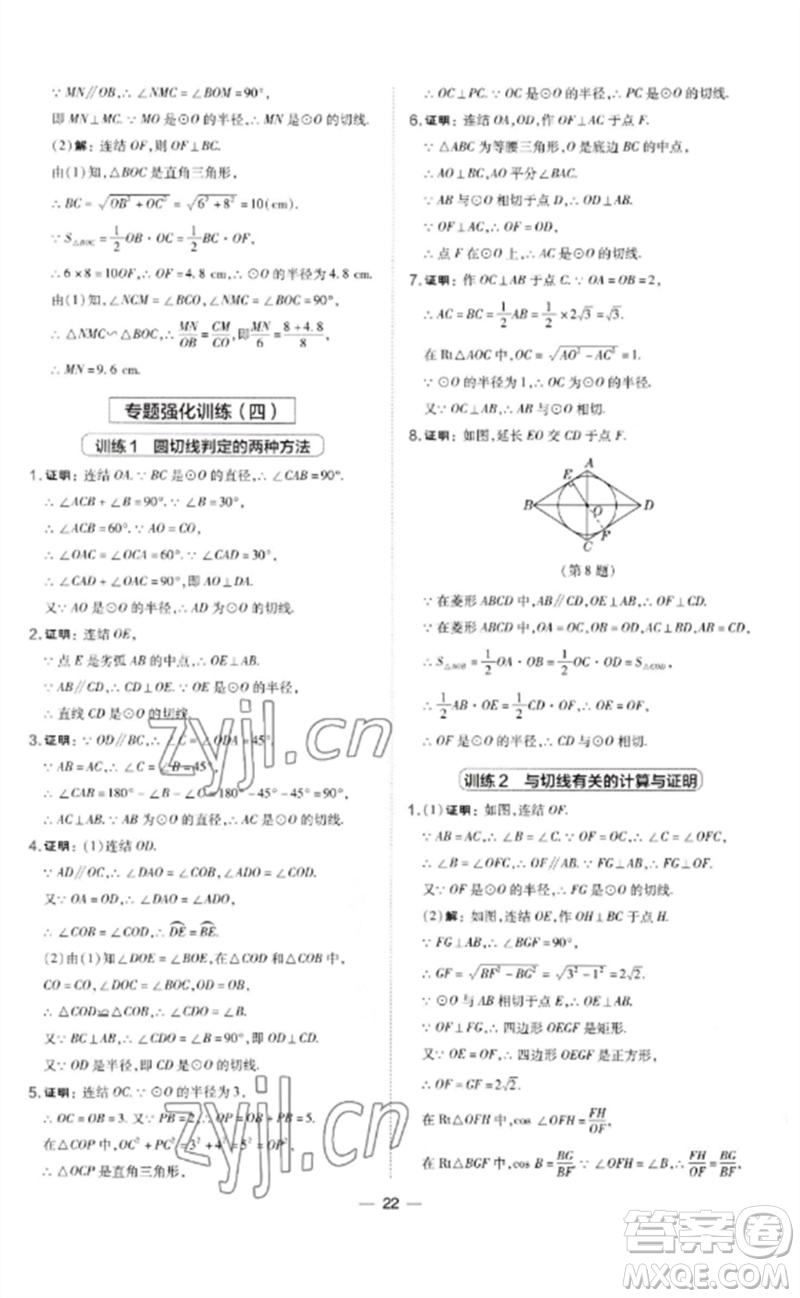 山西教育出版社2023點(diǎn)撥訓(xùn)練九年級(jí)數(shù)學(xué)下冊(cè)華師大版參考答案