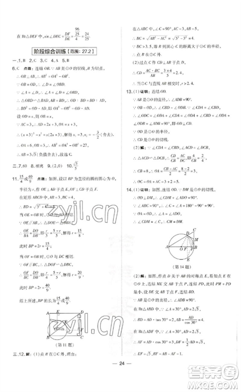 山西教育出版社2023點(diǎn)撥訓(xùn)練九年級(jí)數(shù)學(xué)下冊(cè)華師大版參考答案