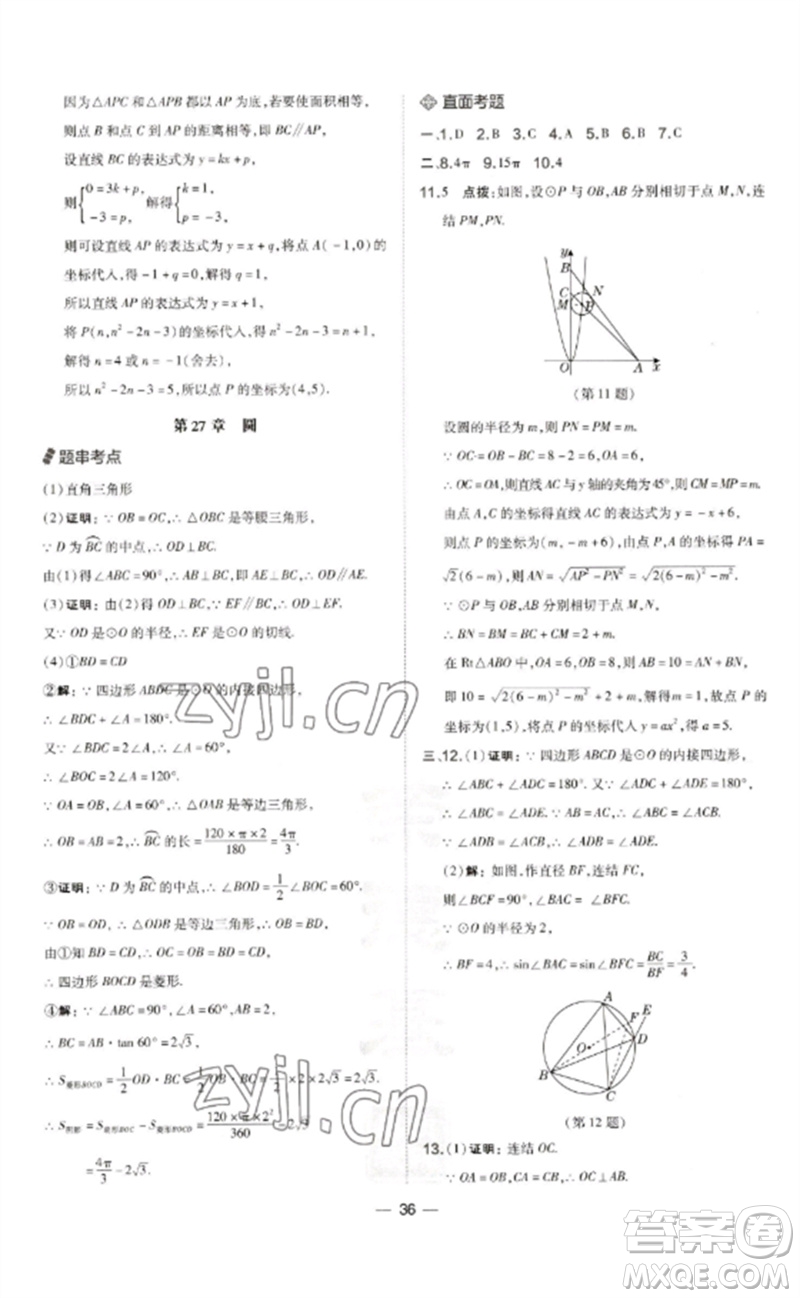 山西教育出版社2023點(diǎn)撥訓(xùn)練九年級(jí)數(shù)學(xué)下冊(cè)華師大版參考答案