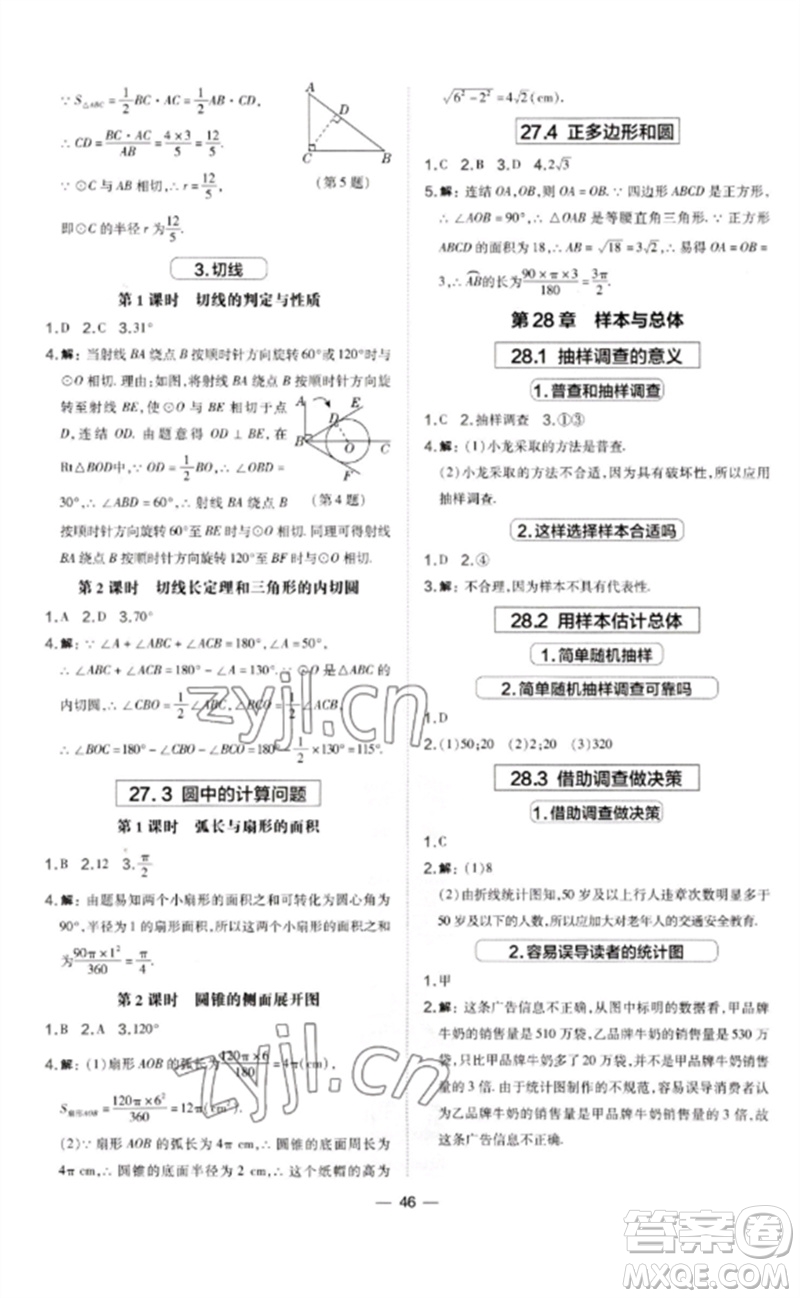 山西教育出版社2023點(diǎn)撥訓(xùn)練九年級(jí)數(shù)學(xué)下冊(cè)華師大版參考答案