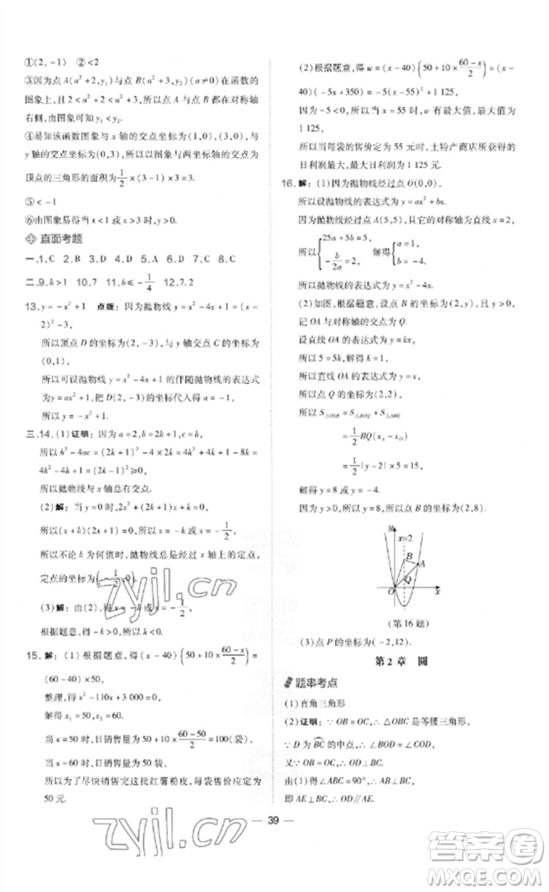 山西教育出版社2023點(diǎn)撥訓(xùn)練九年級(jí)數(shù)學(xué)下冊(cè)湘教版參考答案