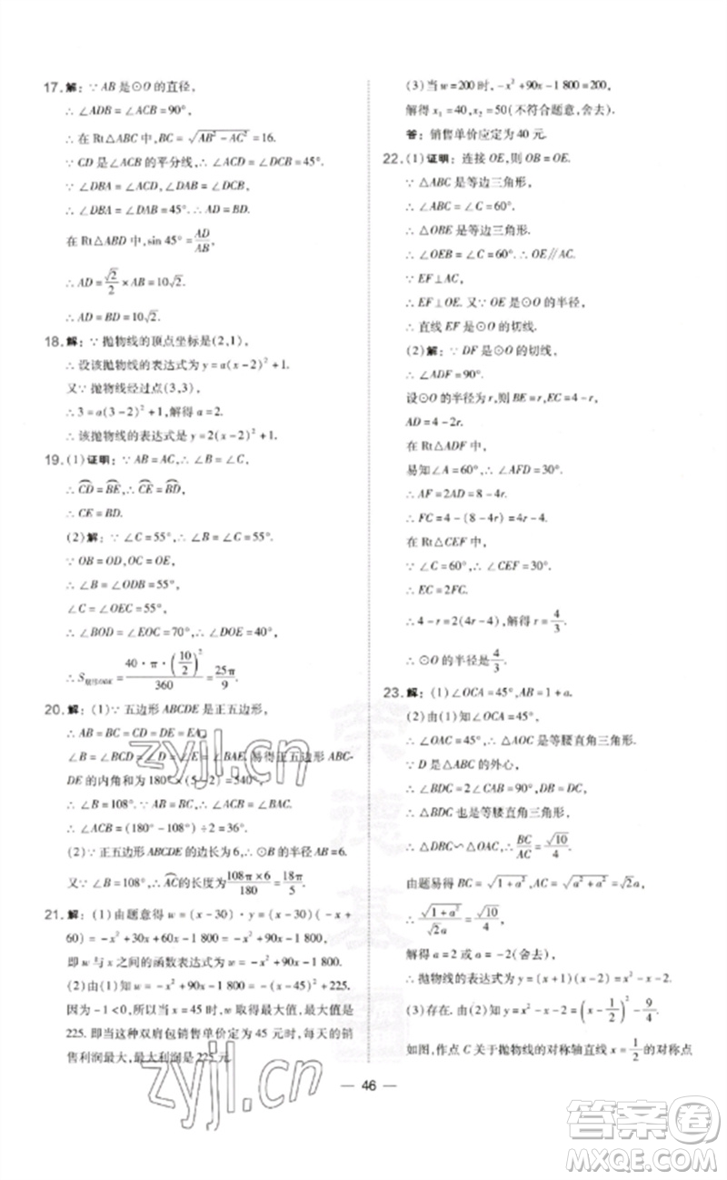 山西教育出版社2023點(diǎn)撥訓(xùn)練九年級(jí)數(shù)學(xué)下冊(cè)湘教版參考答案