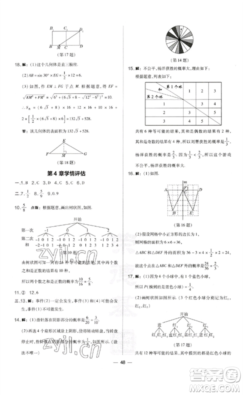 山西教育出版社2023點(diǎn)撥訓(xùn)練九年級(jí)數(shù)學(xué)下冊(cè)湘教版參考答案