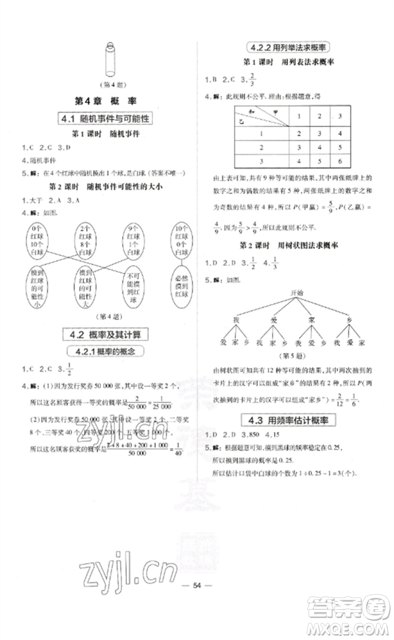 山西教育出版社2023點(diǎn)撥訓(xùn)練九年級(jí)數(shù)學(xué)下冊(cè)湘教版參考答案