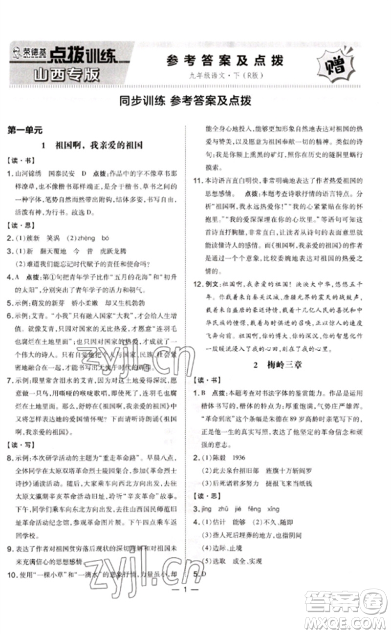 安徽教育出版社2023點(diǎn)撥訓(xùn)練九年級語文下冊人教版山西專版參考答案