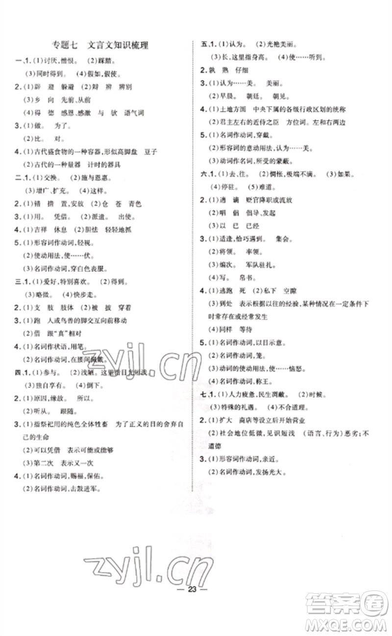安徽教育出版社2023點(diǎn)撥訓(xùn)練九年級語文下冊人教版山西專版參考答案