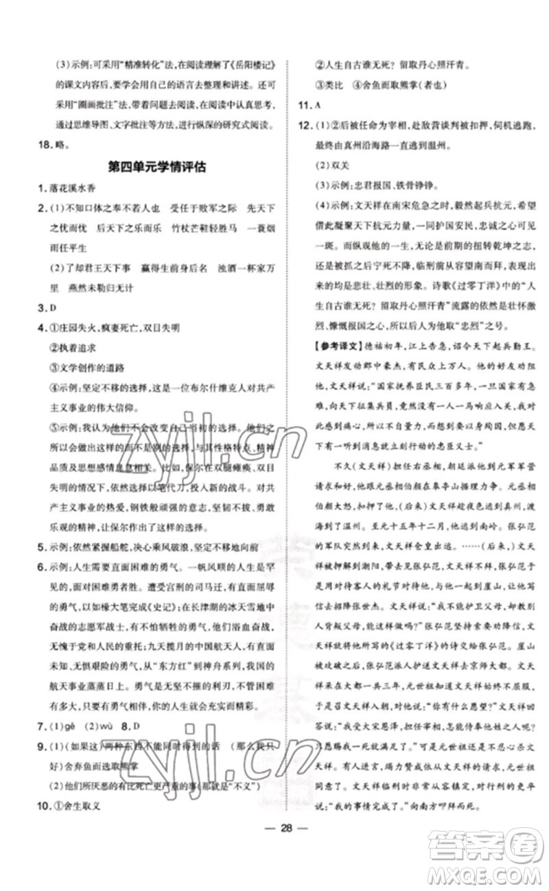安徽教育出版社2023點(diǎn)撥訓(xùn)練九年級語文下冊人教版山西專版參考答案