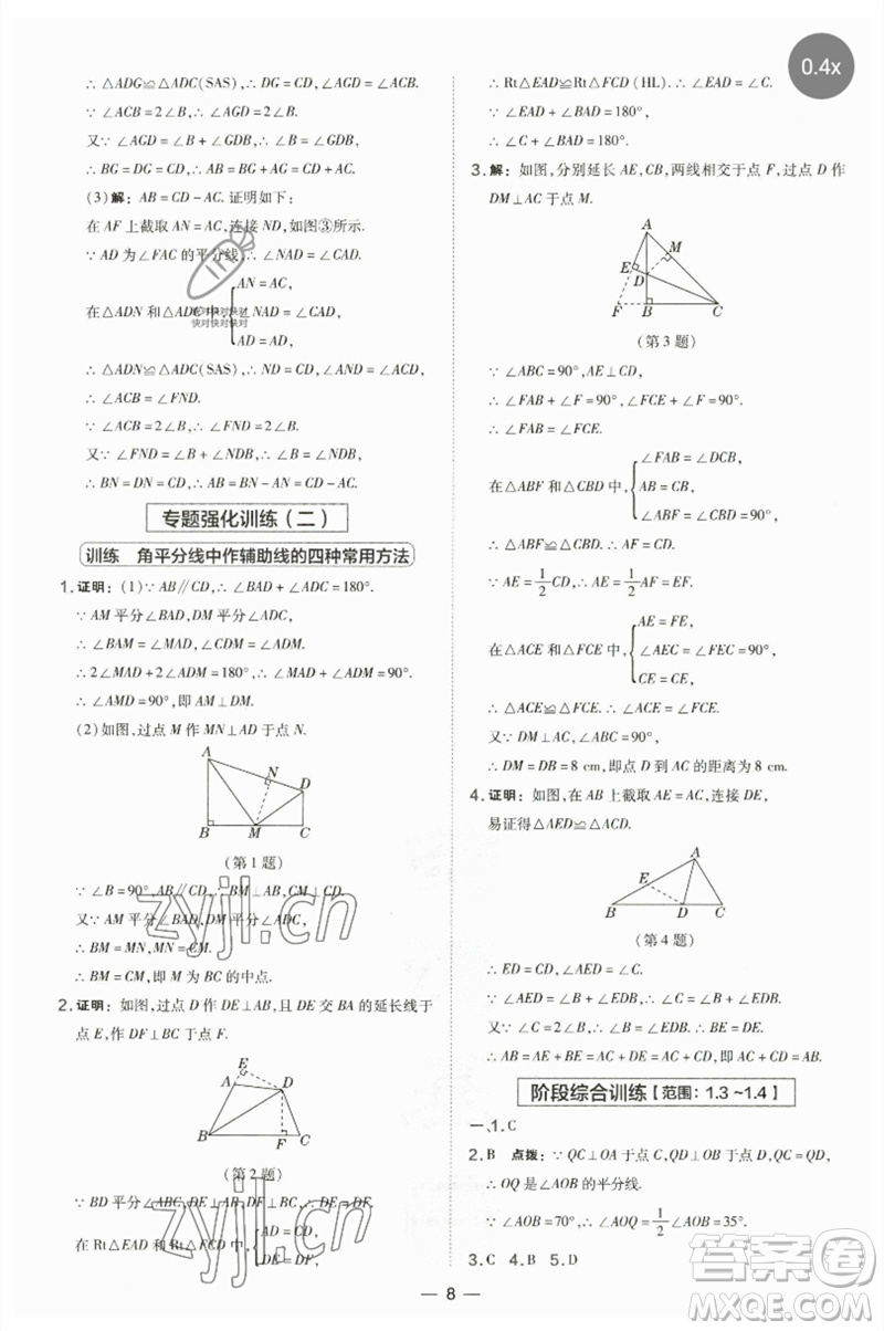山西教育出版社2023點撥訓(xùn)練八年級數(shù)學(xué)下冊湘教版參考答案