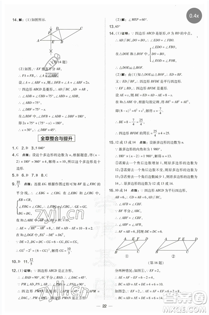 山西教育出版社2023點撥訓(xùn)練八年級數(shù)學(xué)下冊湘教版參考答案