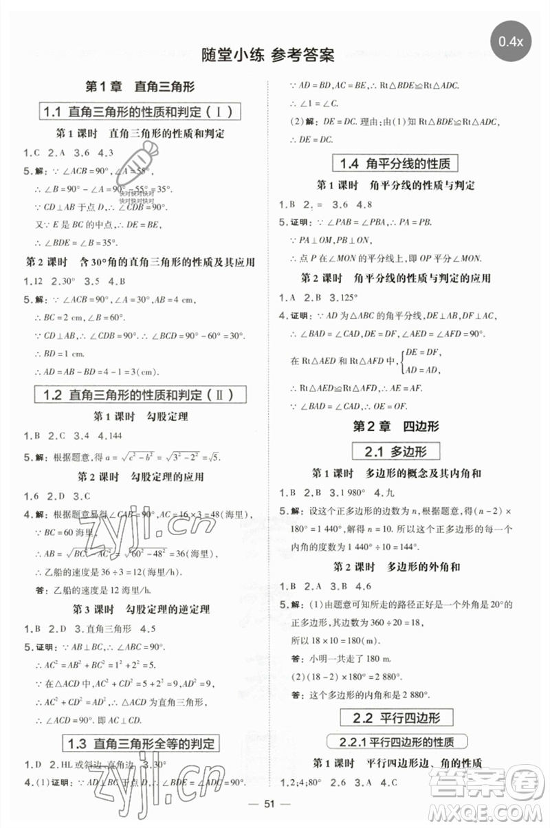 山西教育出版社2023點撥訓(xùn)練八年級數(shù)學(xué)下冊湘教版參考答案