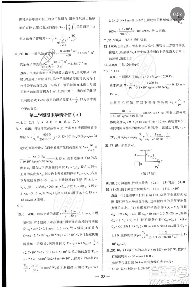 山西教育出版社2023點(diǎn)撥訓(xùn)練八年級(jí)物理下冊(cè)滬科版參考答案