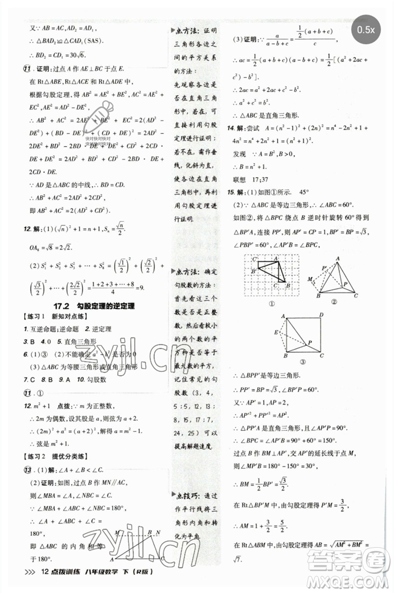 吉林教育出版社2023點(diǎn)撥訓(xùn)練八年級數(shù)學(xué)下冊人教版參考答案