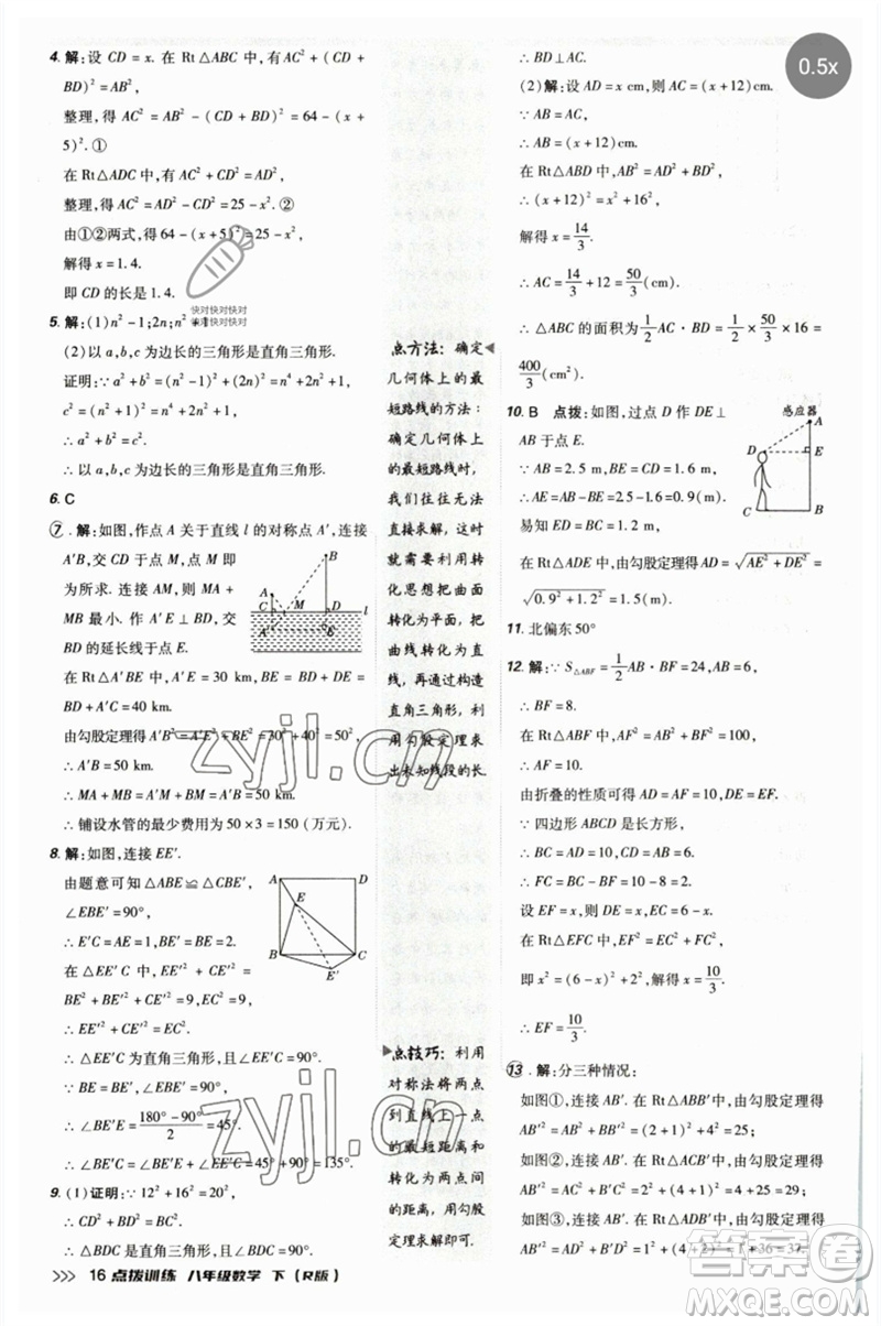 吉林教育出版社2023點(diǎn)撥訓(xùn)練八年級數(shù)學(xué)下冊人教版參考答案
