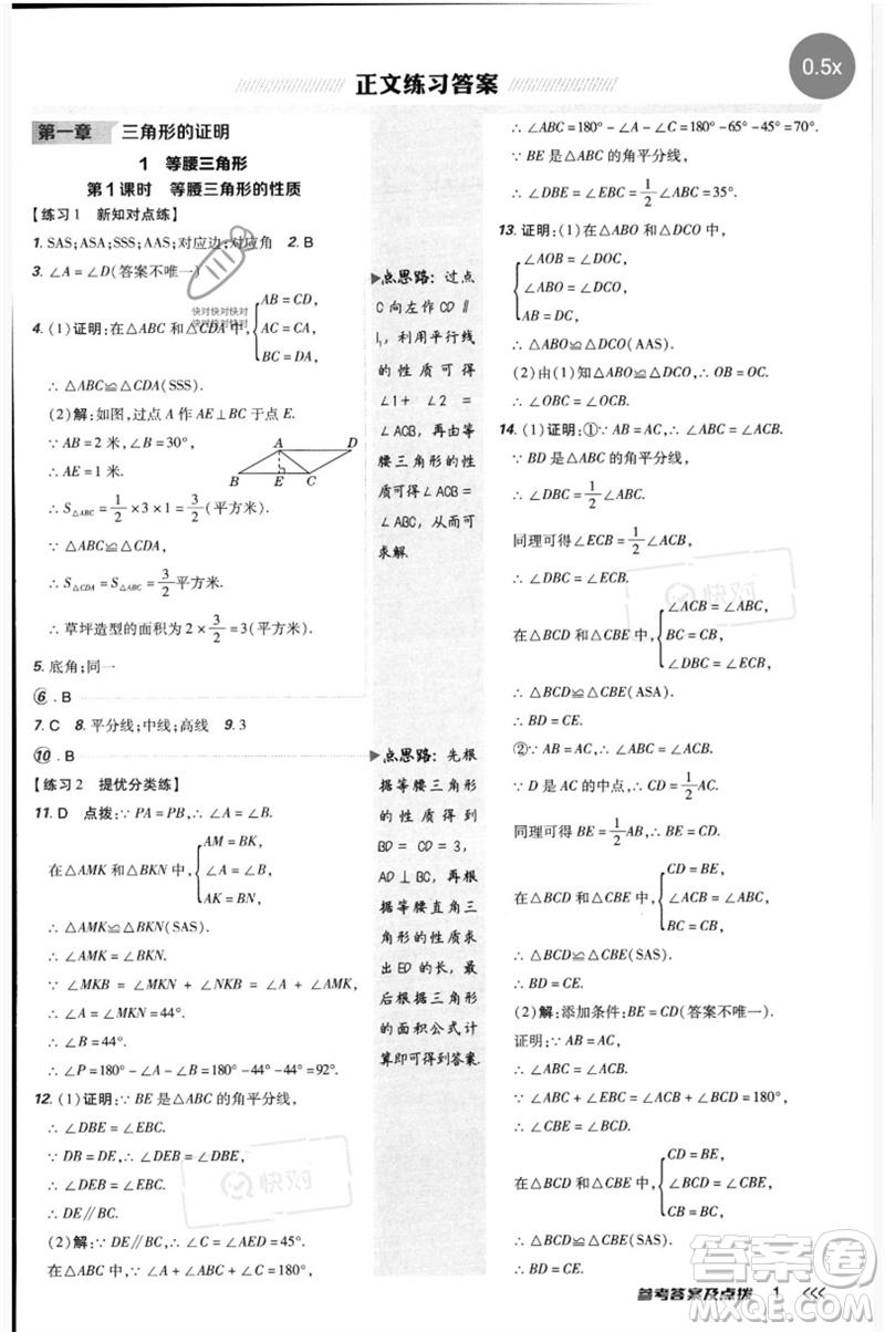 安徽教育出版社2023點(diǎn)撥訓(xùn)練八年級(jí)數(shù)學(xué)下冊(cè)北師大版參考答案