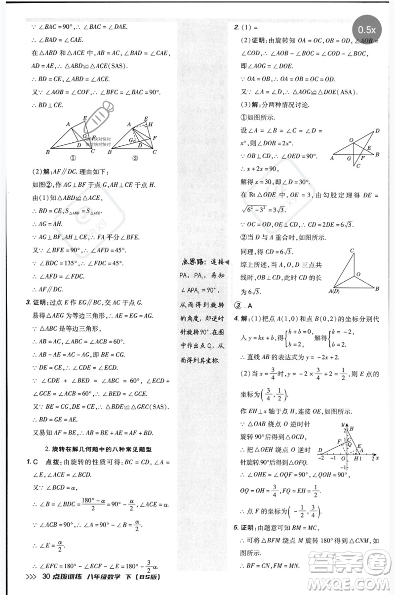 安徽教育出版社2023點(diǎn)撥訓(xùn)練八年級(jí)數(shù)學(xué)下冊(cè)北師大版參考答案