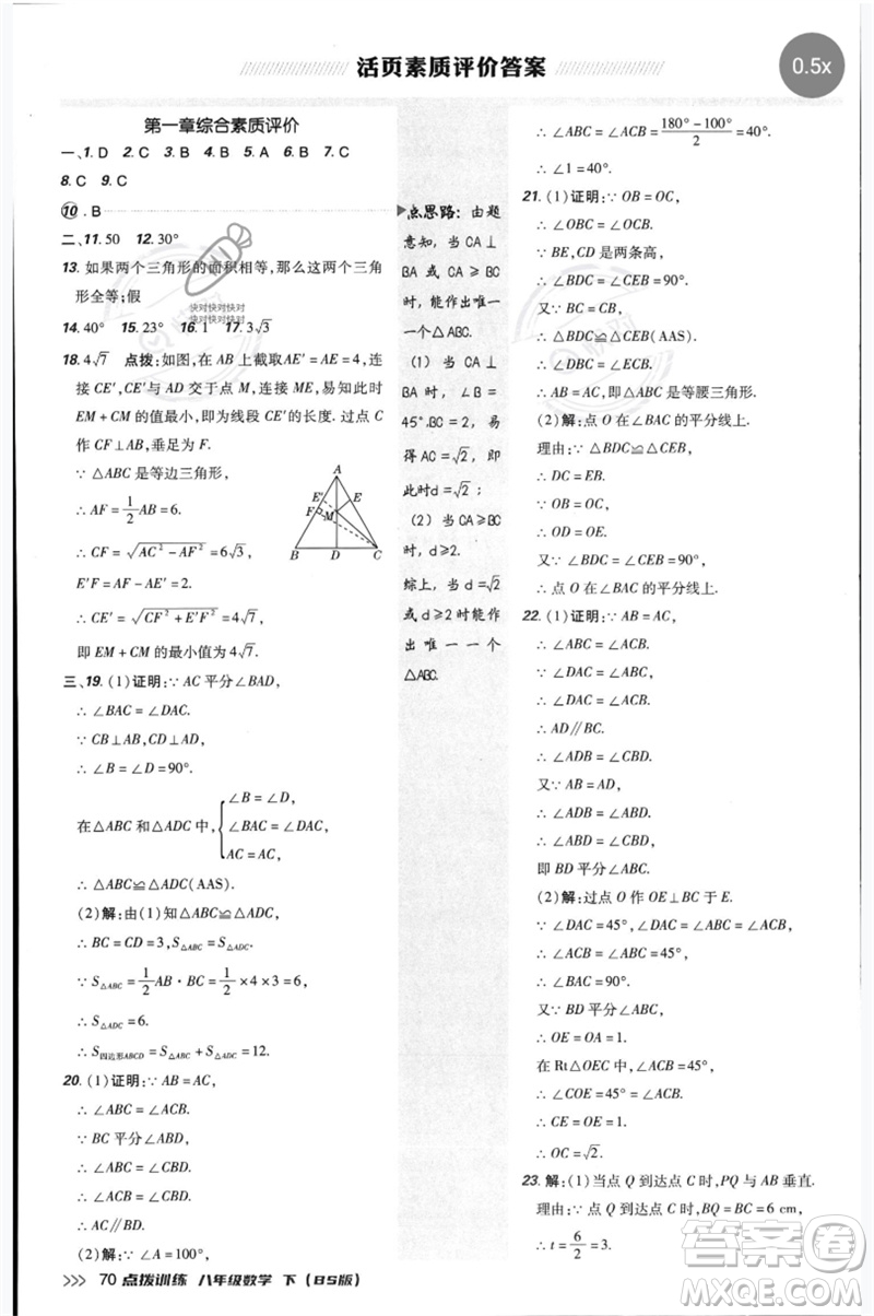 安徽教育出版社2023點(diǎn)撥訓(xùn)練八年級(jí)數(shù)學(xué)下冊(cè)北師大版參考答案