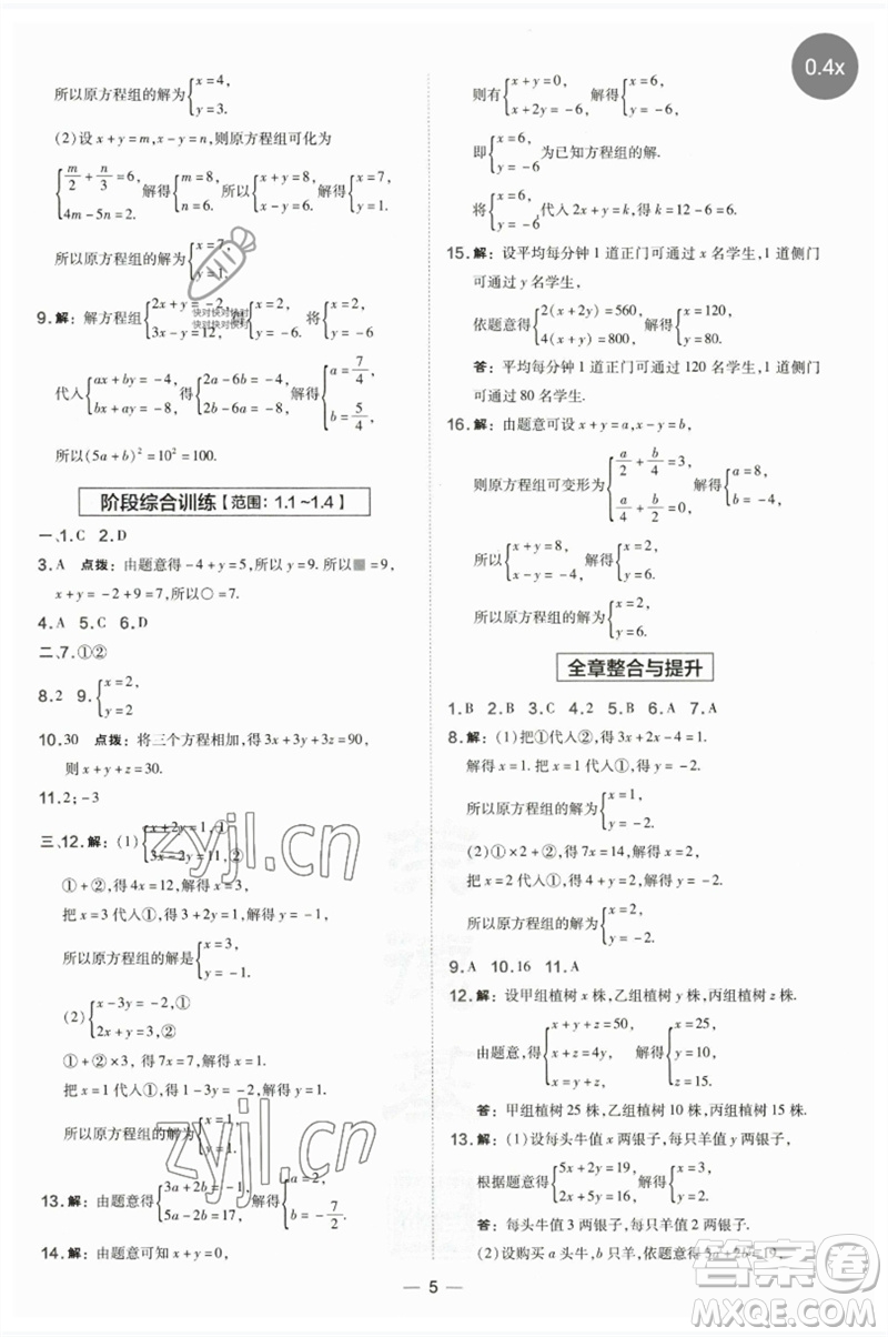 山西教育出版社2023點(diǎn)撥訓(xùn)練七年級(jí)數(shù)學(xué)下冊(cè)湘教版參考答案
