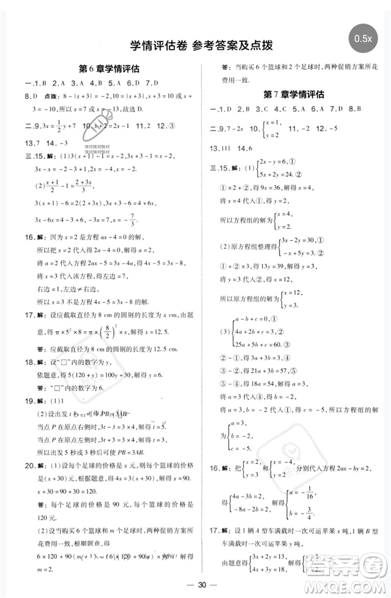 山西教育出版社2023點撥訓練七年級數學下冊華師大版參考答案