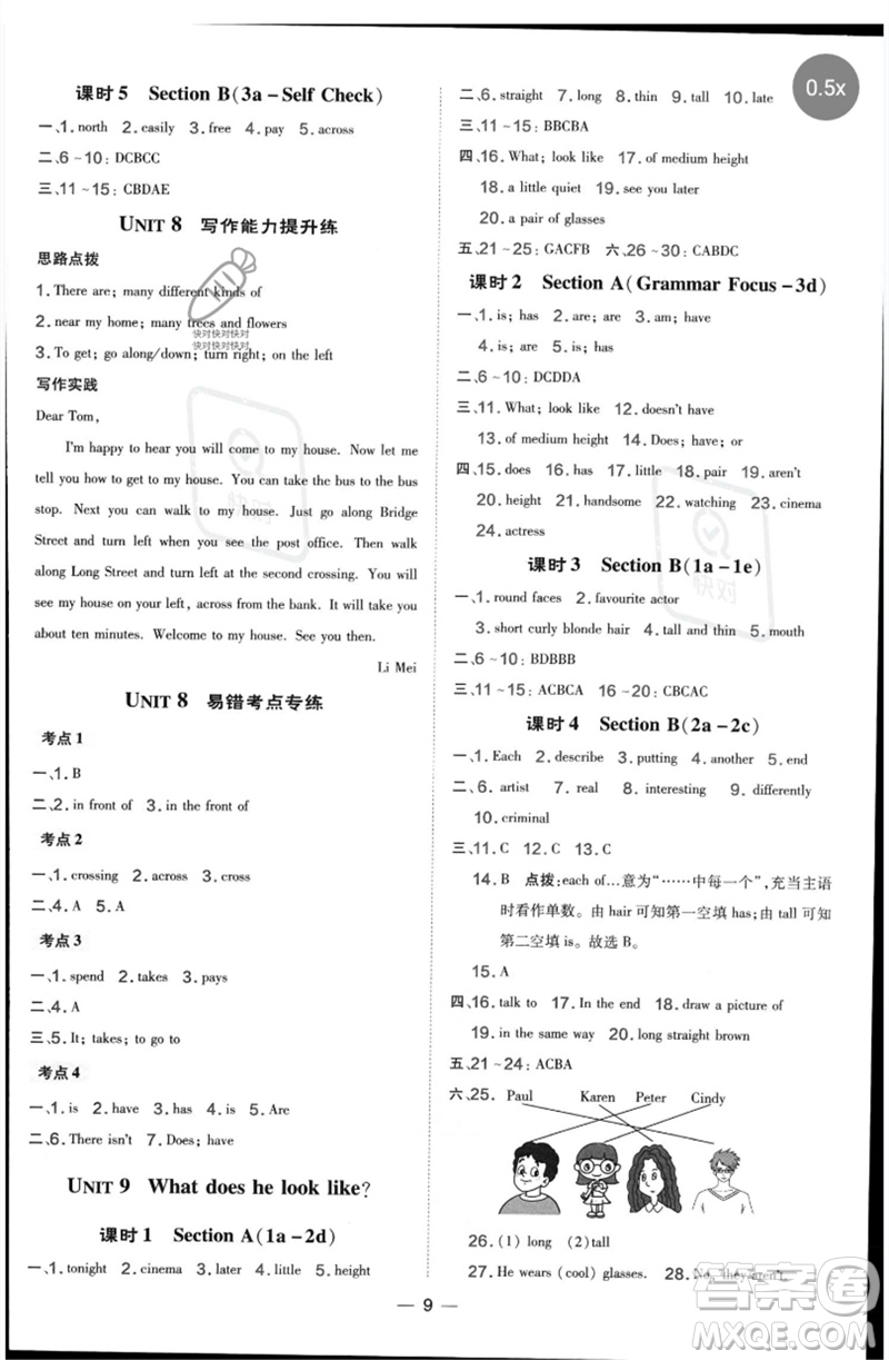 吉林教育出版社2023點(diǎn)撥訓(xùn)練七年級(jí)英語(yǔ)下冊(cè)人教版參考答案