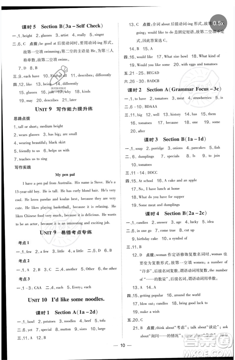 吉林教育出版社2023點(diǎn)撥訓(xùn)練七年級(jí)英語(yǔ)下冊(cè)人教版參考答案