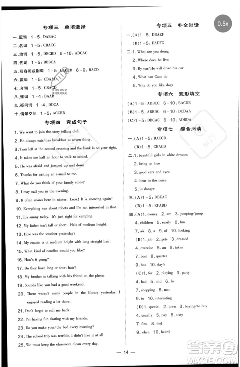 吉林教育出版社2023點(diǎn)撥訓(xùn)練七年級(jí)英語(yǔ)下冊(cè)人教版參考答案