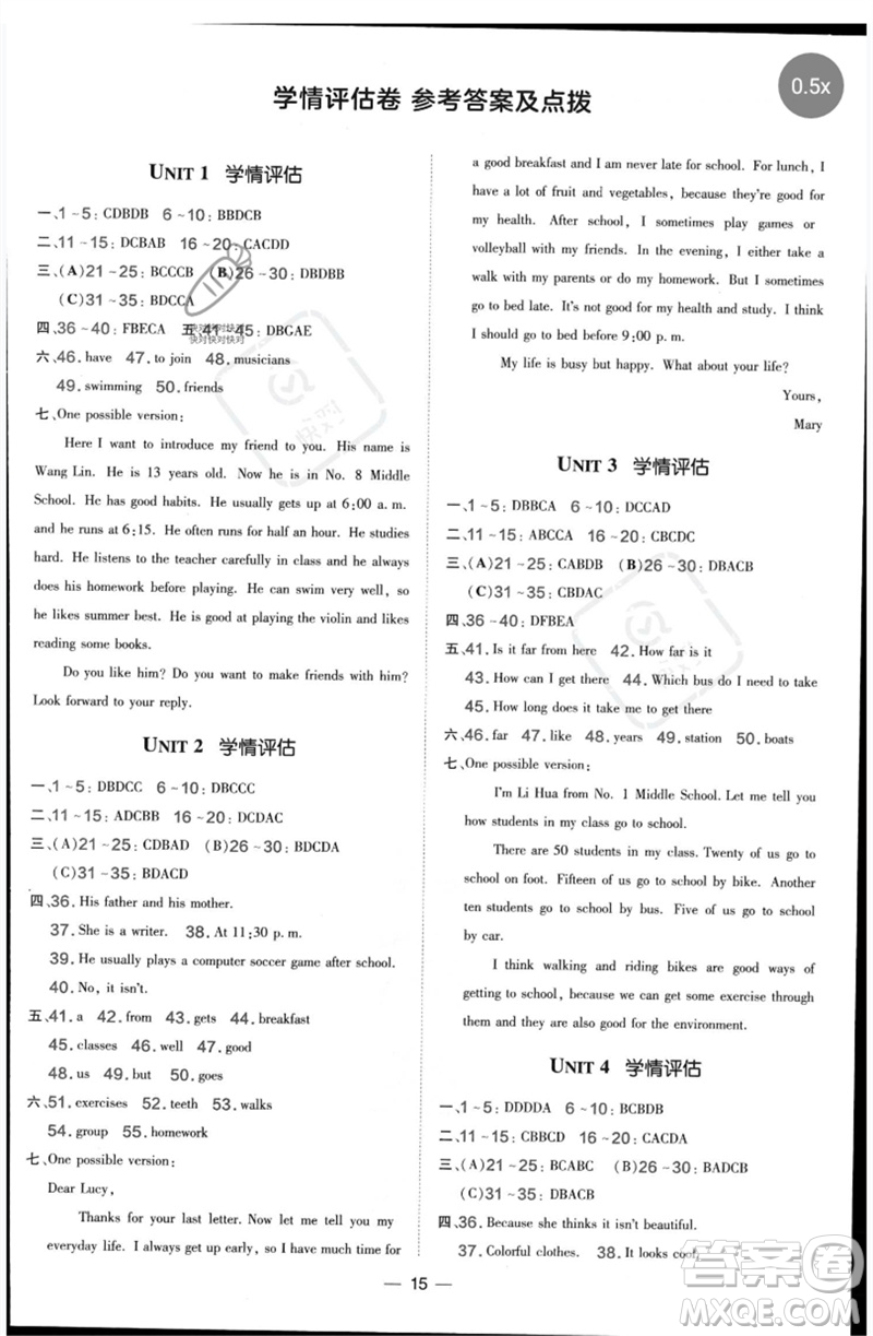 吉林教育出版社2023點(diǎn)撥訓(xùn)練七年級(jí)英語(yǔ)下冊(cè)人教版參考答案