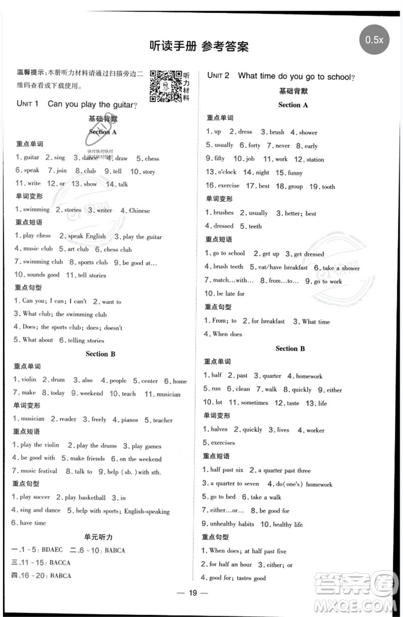 吉林教育出版社2023點(diǎn)撥訓(xùn)練七年級(jí)英語(yǔ)下冊(cè)人教版參考答案