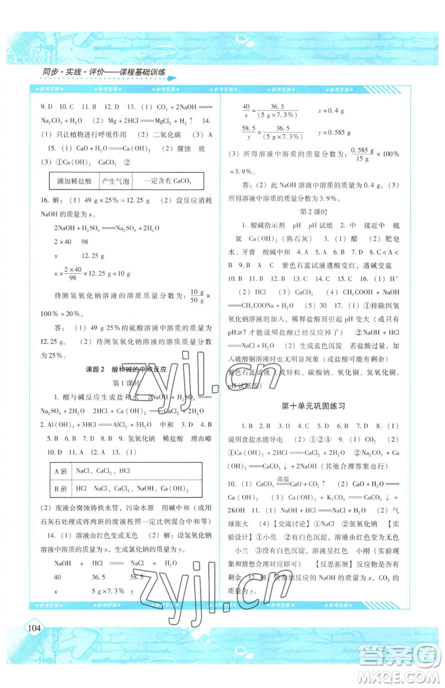 湖南少年兒童出版社2023同步實(shí)踐評(píng)價(jià)課程基礎(chǔ)訓(xùn)練九年級(jí)下冊(cè)化學(xué)人教版參考答案