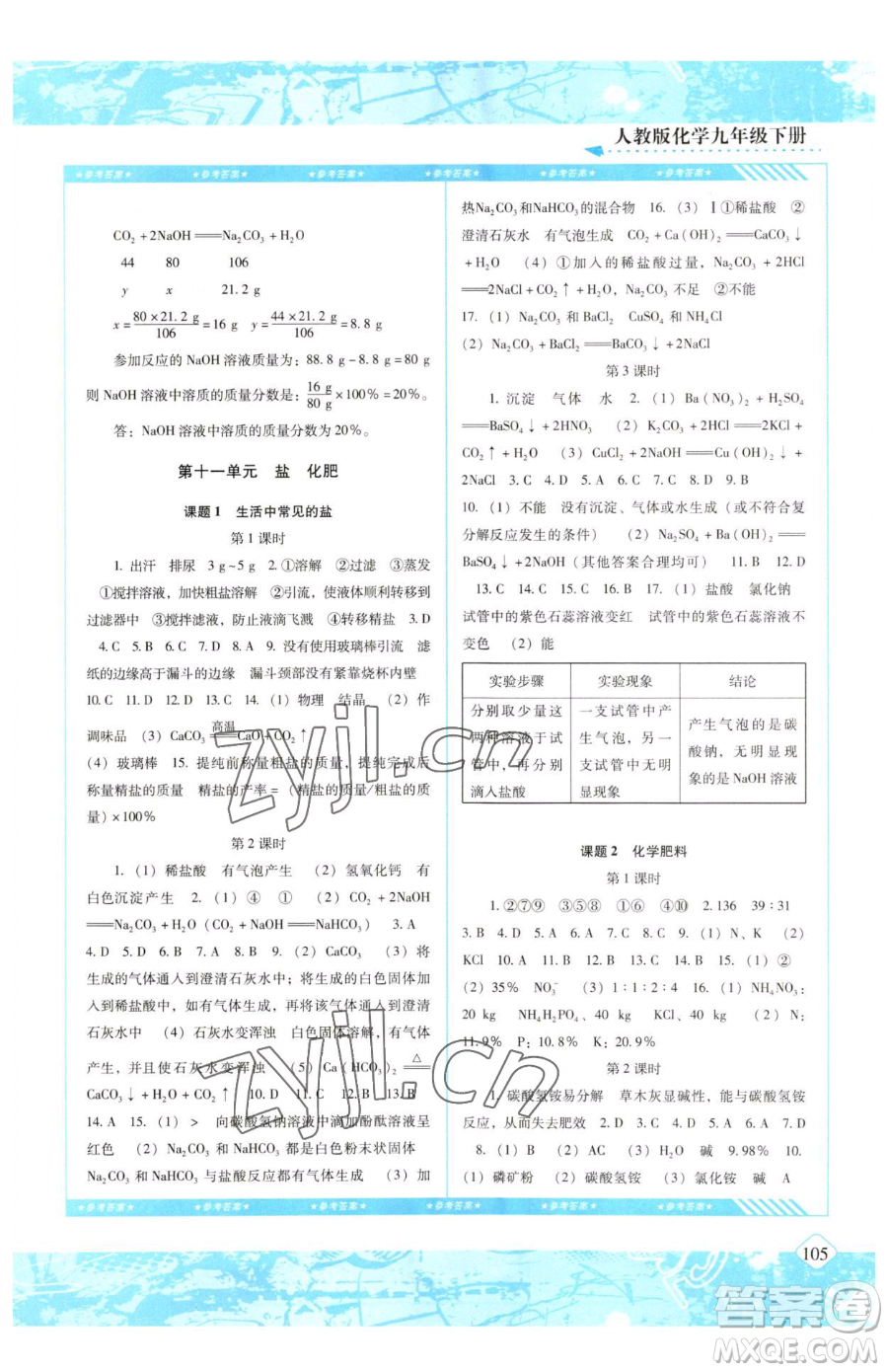 湖南少年兒童出版社2023同步實(shí)踐評(píng)價(jià)課程基礎(chǔ)訓(xùn)練九年級(jí)下冊(cè)化學(xué)人教版參考答案