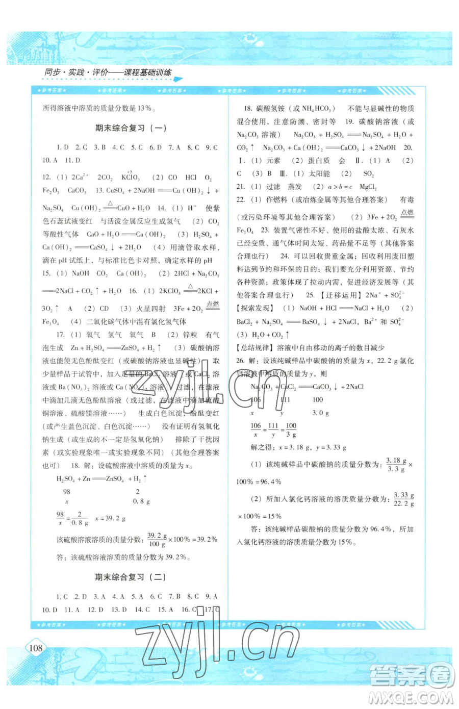 湖南少年兒童出版社2023同步實(shí)踐評(píng)價(jià)課程基礎(chǔ)訓(xùn)練九年級(jí)下冊(cè)化學(xué)人教版參考答案