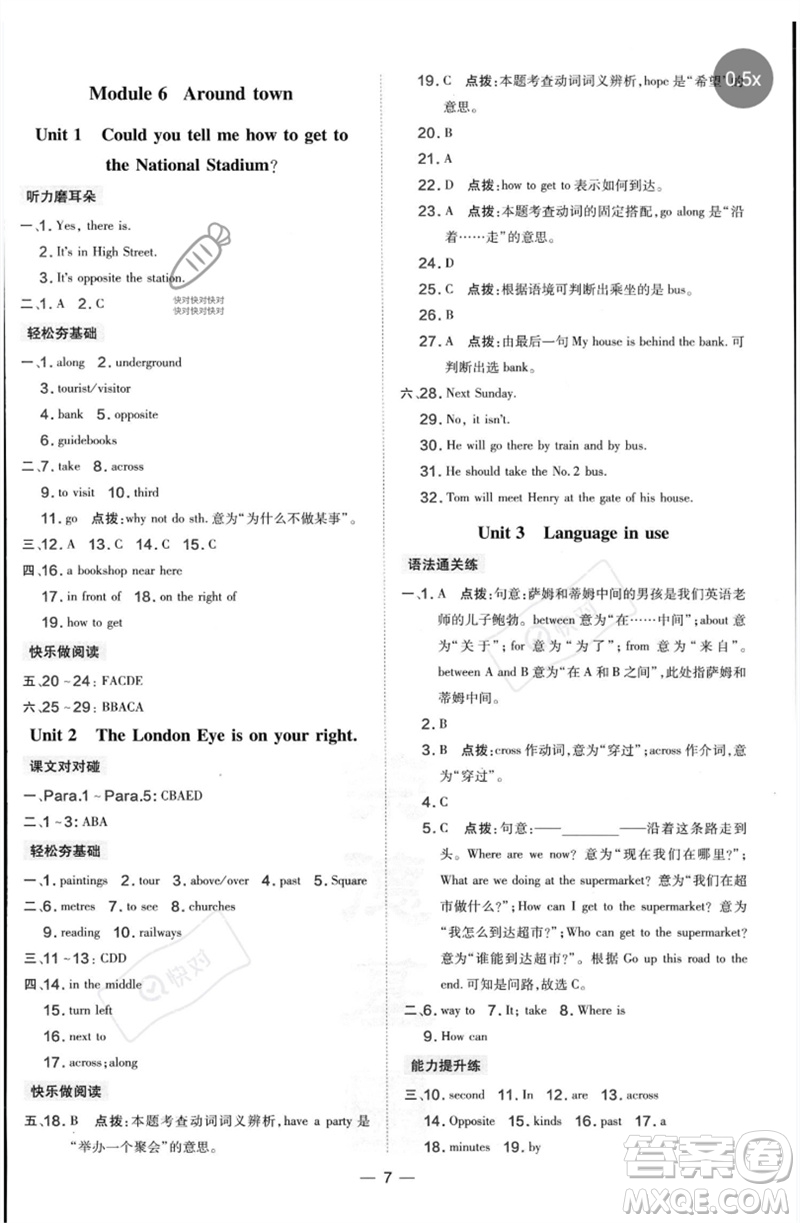 山西教育出版社2023點(diǎn)撥訓(xùn)練七年級(jí)英語(yǔ)下冊(cè)外研版參考答案
