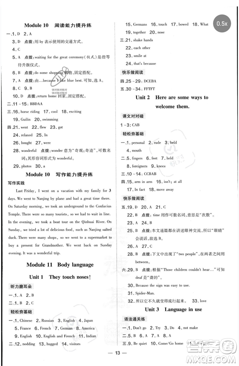山西教育出版社2023點(diǎn)撥訓(xùn)練七年級(jí)英語(yǔ)下冊(cè)外研版參考答案