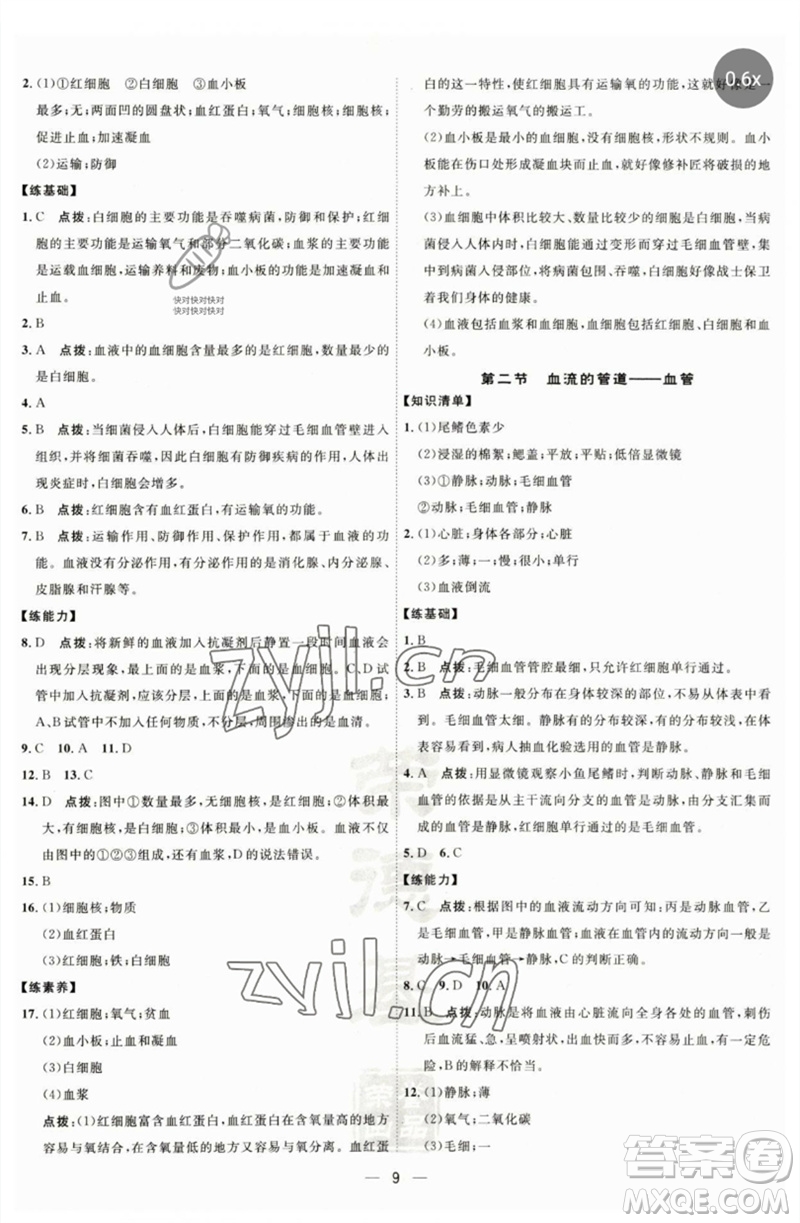 吉林教育出版社2023點(diǎn)撥訓(xùn)練七年級(jí)生物下冊(cè)人教版參考答案
