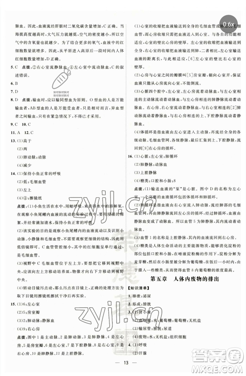 吉林教育出版社2023點(diǎn)撥訓(xùn)練七年級(jí)生物下冊(cè)人教版參考答案