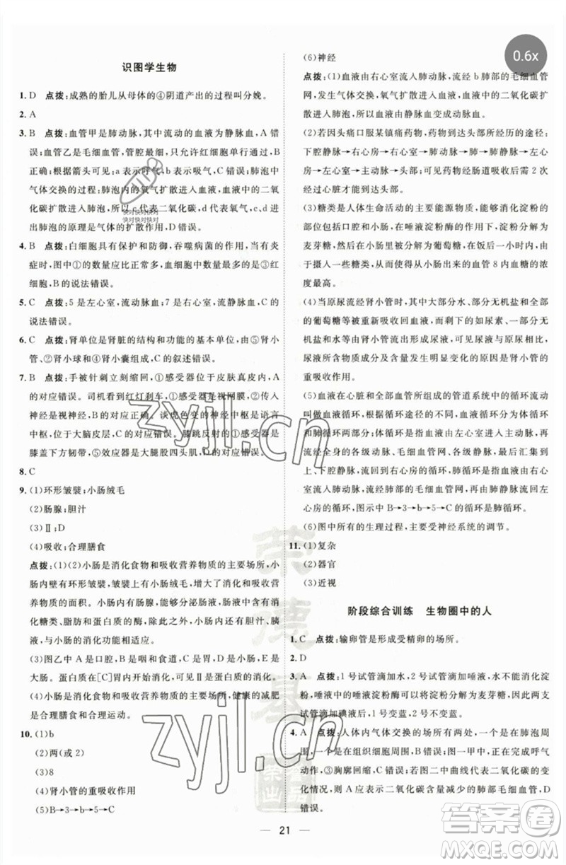 吉林教育出版社2023點(diǎn)撥訓(xùn)練七年級(jí)生物下冊(cè)人教版參考答案
