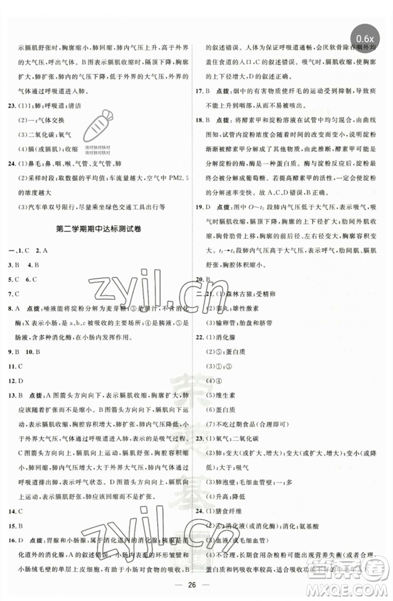 吉林教育出版社2023點(diǎn)撥訓(xùn)練七年級(jí)生物下冊(cè)人教版參考答案