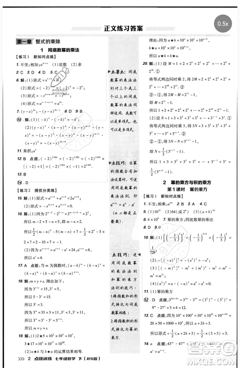 安徽教育出版社2023點(diǎn)撥訓(xùn)練七年級(jí)數(shù)學(xué)下冊(cè)北師大版參考答案