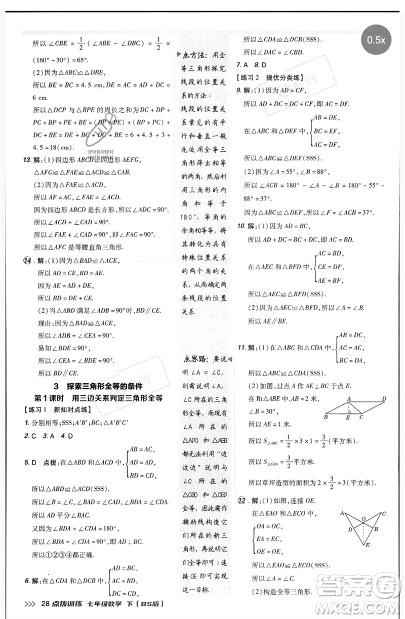 安徽教育出版社2023點(diǎn)撥訓(xùn)練七年級(jí)數(shù)學(xué)下冊(cè)北師大版參考答案