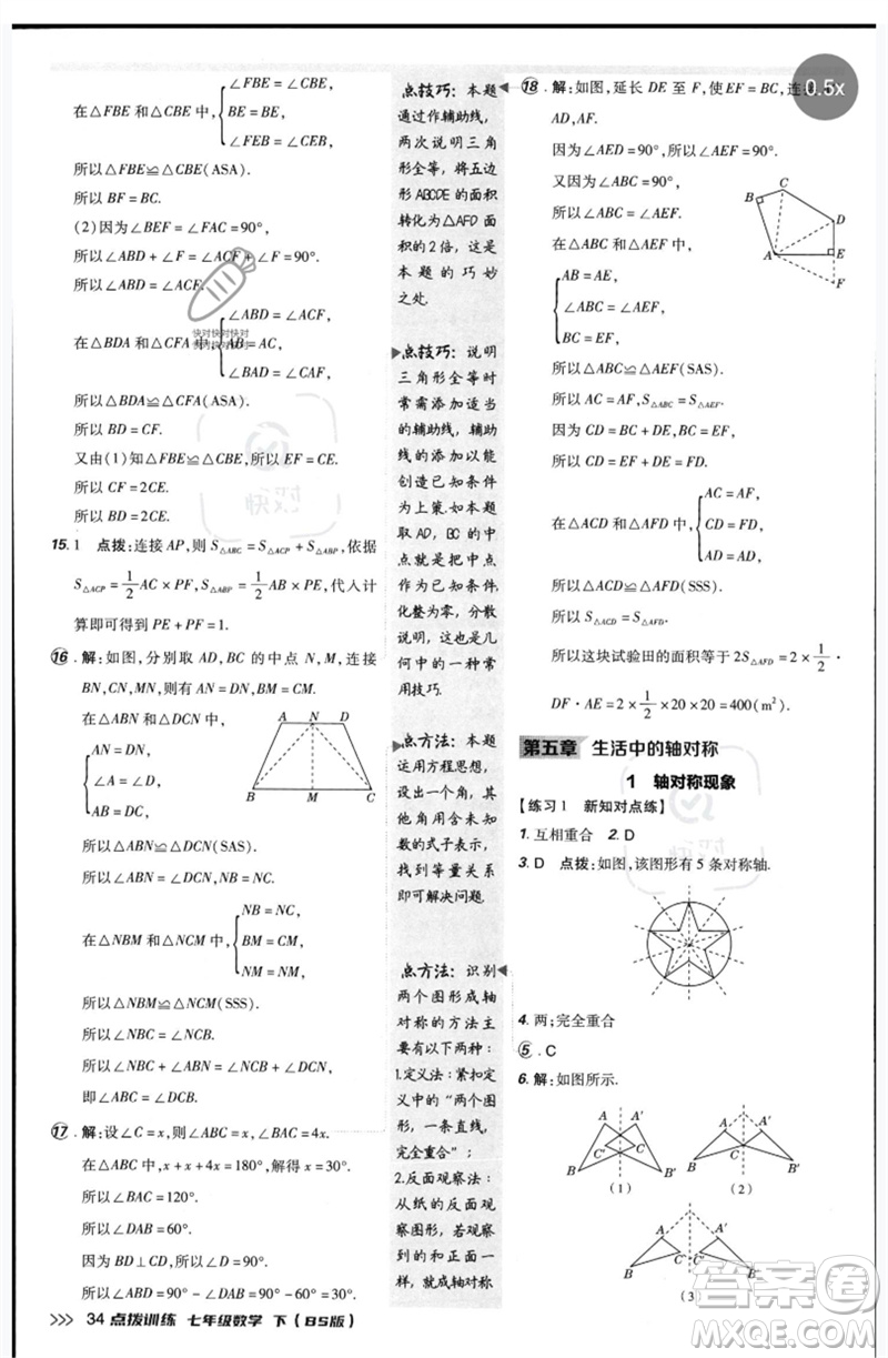 安徽教育出版社2023點(diǎn)撥訓(xùn)練七年級(jí)數(shù)學(xué)下冊(cè)北師大版參考答案