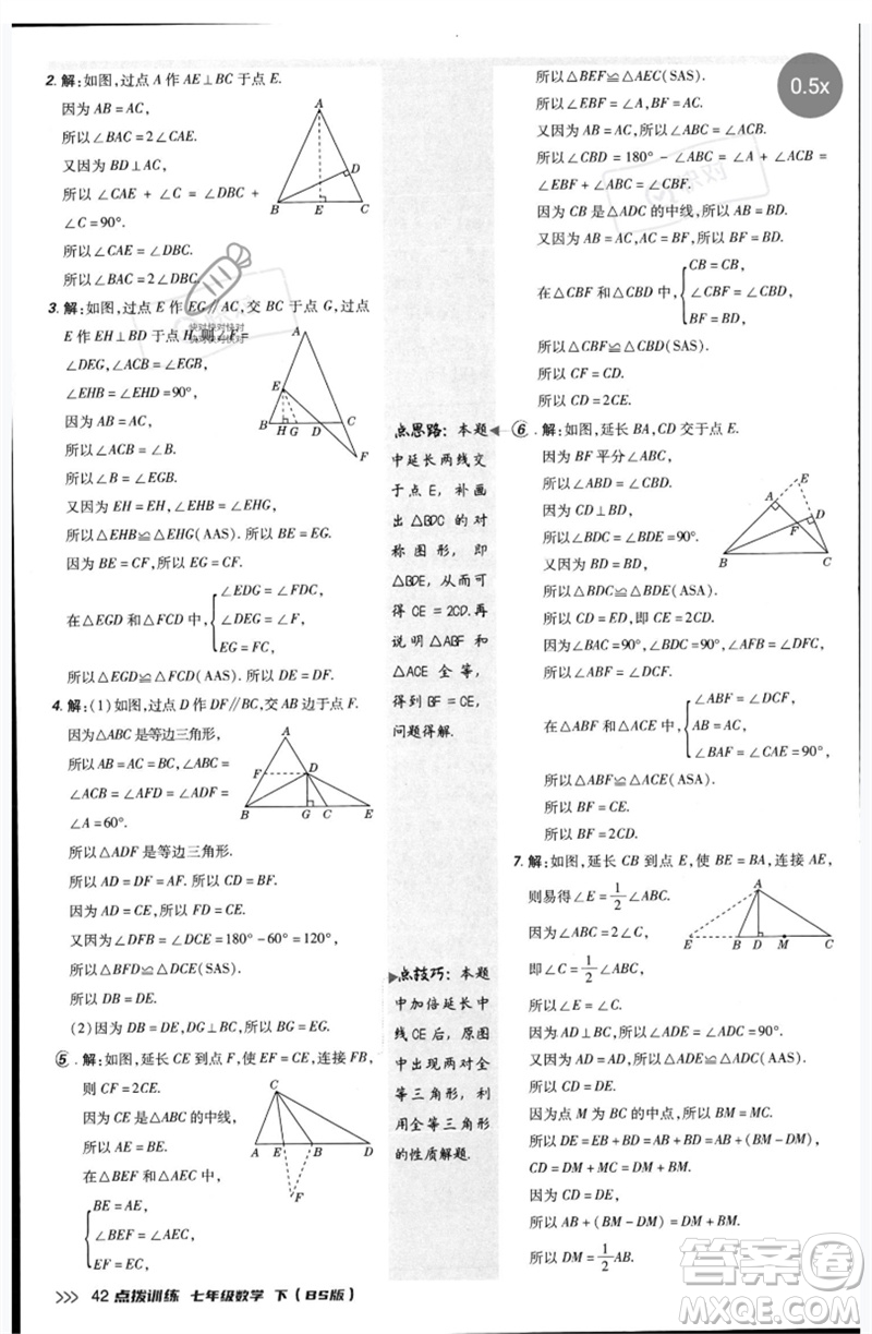 安徽教育出版社2023點(diǎn)撥訓(xùn)練七年級(jí)數(shù)學(xué)下冊(cè)北師大版參考答案