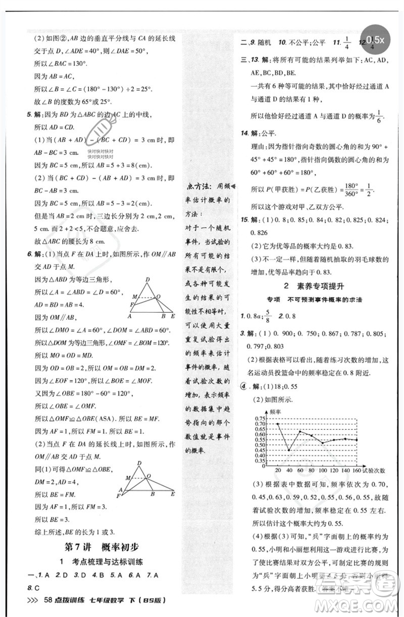 安徽教育出版社2023點(diǎn)撥訓(xùn)練七年級(jí)數(shù)學(xué)下冊(cè)北師大版參考答案