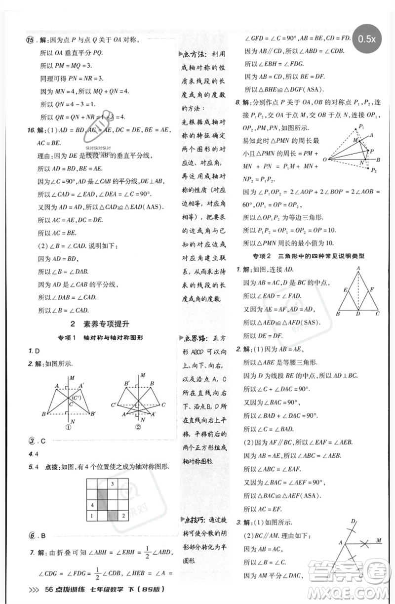 安徽教育出版社2023點(diǎn)撥訓(xùn)練七年級(jí)數(shù)學(xué)下冊(cè)北師大版參考答案
